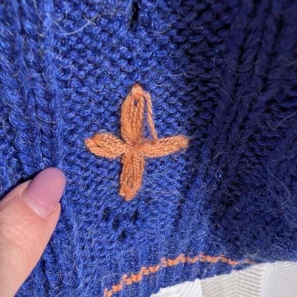 Vintage 80s Chunky Cable Knit Cardigan Blue Orange Wool Blend Est. size M to L - Picture 15 of 16